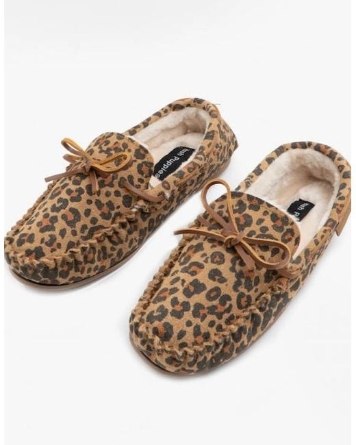 Hush Puppies Brown Allie Suede Moccasin Slippers Leopard