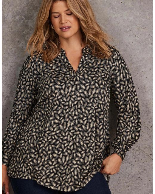 Live Unlimited London Brown Feather Print Nehru Collar Tunic
