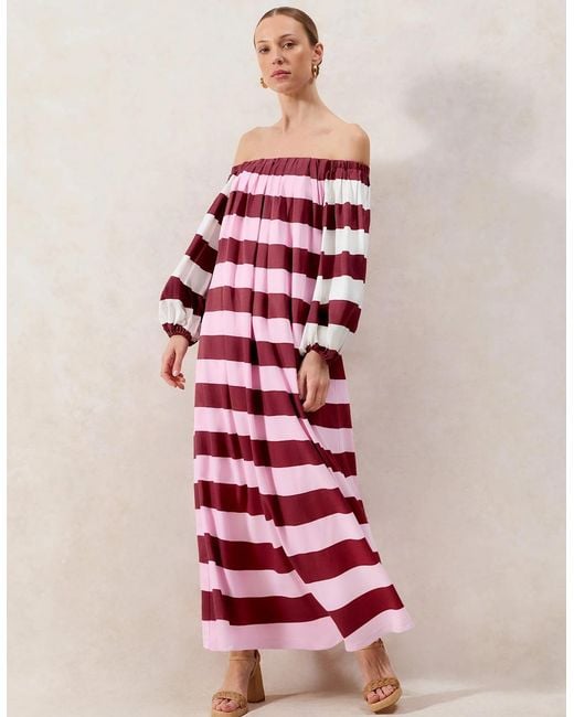 Ro&zo Red Gigi Striped Bardot Maxi Dress