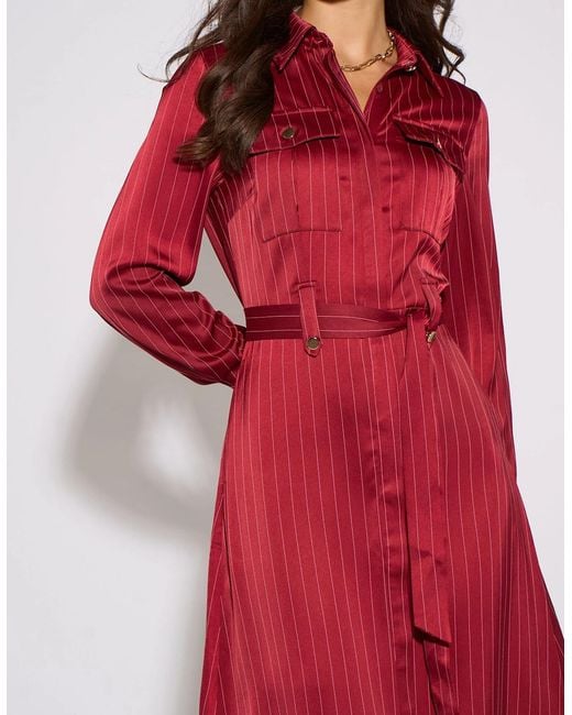 Gini London Red Mulberry Pinstripe Shirt Utility Belted Shirt Dress
