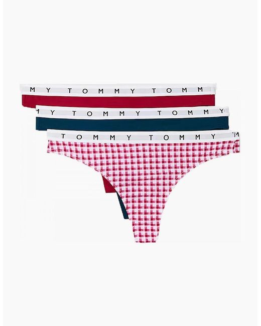 Tommy Hilfiger Red Cotton 3-Pack Thong, Exotic Berry/Gingham/Night Diver