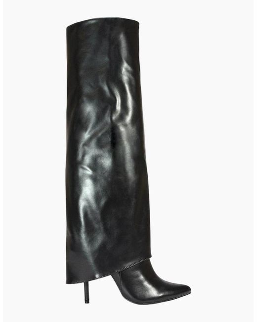 XY London Black Ladies Shauna Fold Over Stiletto Heel Knee-High Boots