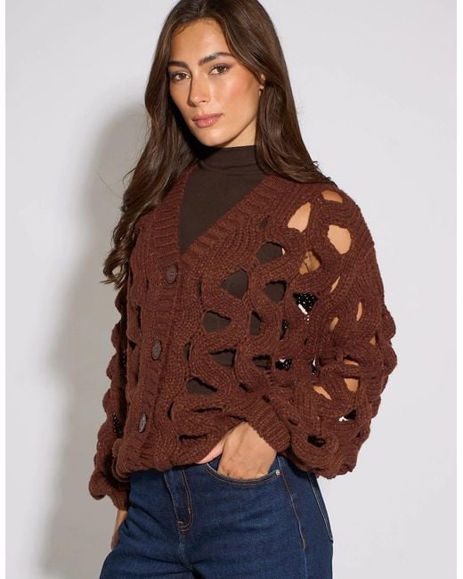Gini London Brown Rust Hollow Chunky Knit Cardigan