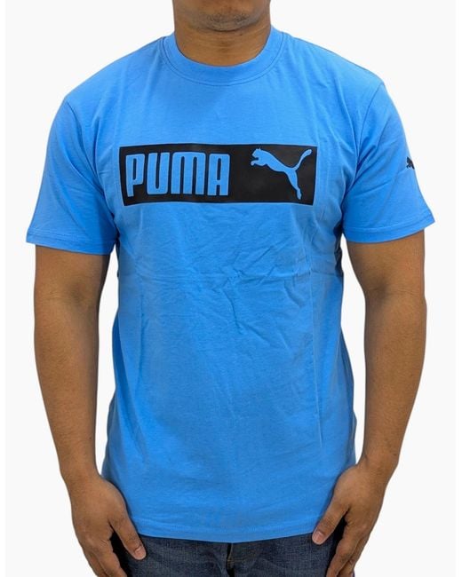 PUMA Blue Essentials Logo T Shirts Crew Neck Pullover Casual Cotton Sports Tee for men