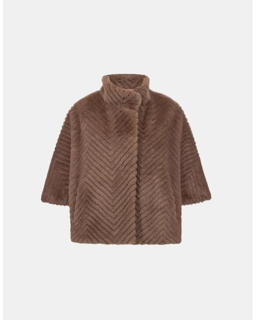 Joseph Ribkoff Brown Chevron Faux Fur Cape Style Jacket