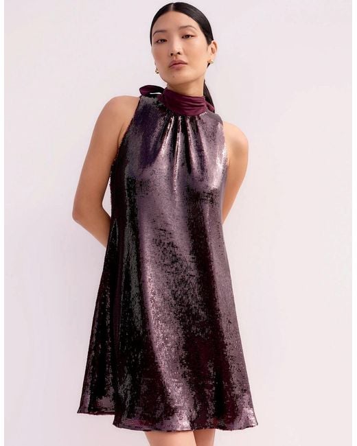 Ro&zo Purple Freya Wine Sequinned Halterneck Mini Dress