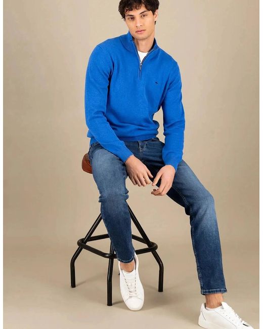 Fynch-Hatton Blue Superfine 1/4 Zip Cotton Knit Strong for men