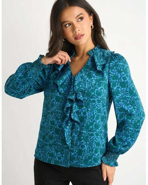 Gini London Blue Floral Print Ruffle Front Blouse