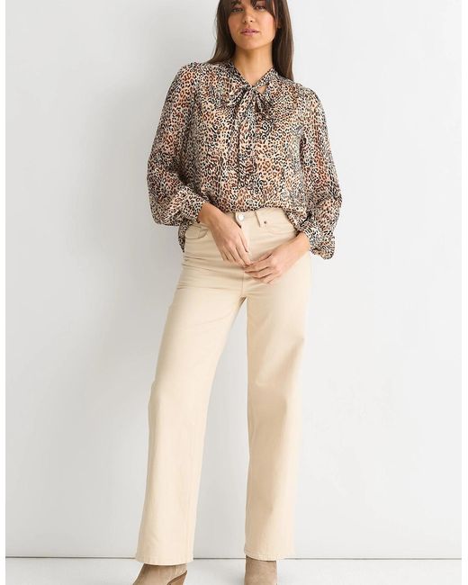 Gini London Brown Animal Print Long Sleeve Tie Neck Blouse