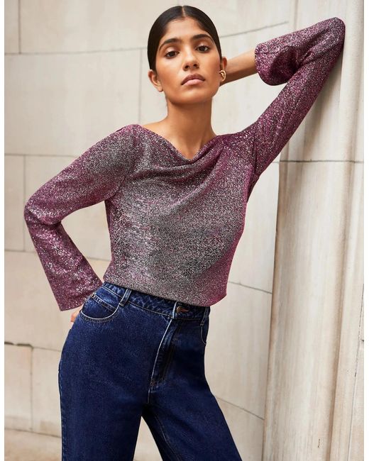Ro&zo Blue Cowl-Neck Sparkle Jersey Top