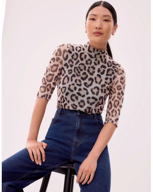 Ro&zo Gray Leopard Print Mesh Top