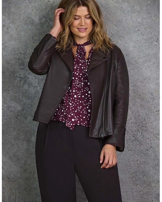 Live Unlimited London Purple Burgundy Spot Print Tie Neck Blouse