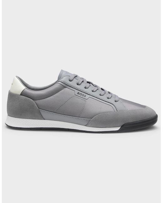 Boss Gray Boss Nitan Suede-Trim Trainers With Ribbed Sole for men