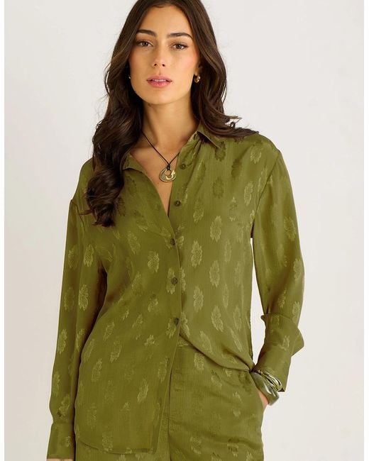 Gini London Green Khaki Floral Satin Jacquard Shirt
