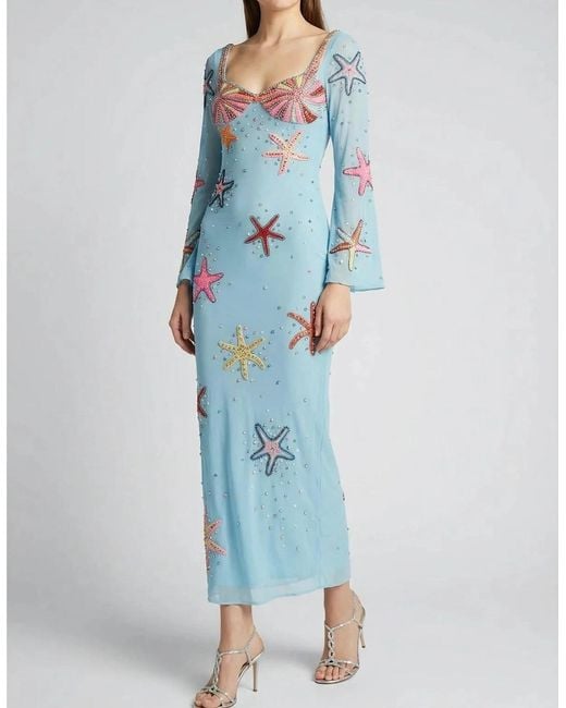 Oceanus Blue Crescent Shell Bell Sleeve Dress