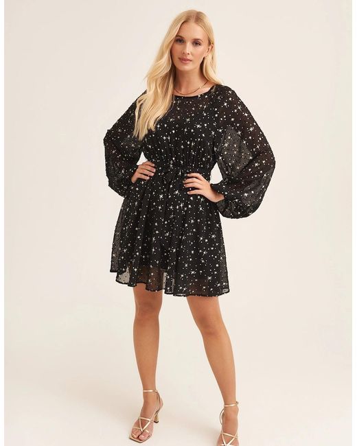 Gini London Black Star Print Long Sleeve Mini Dress