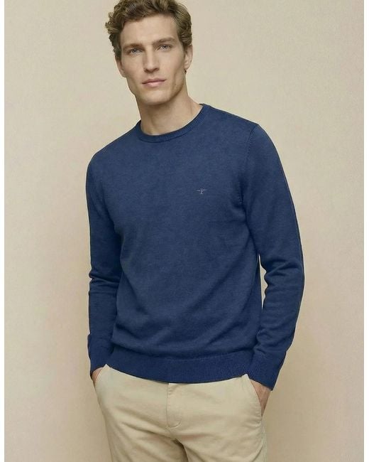 Fynch-Hatton Blue Fine Knit Cotton Crewneck Sweater Midnight for men