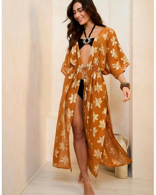 Gini London Orange Floral Lurex Tie Front Kaftan Kimono