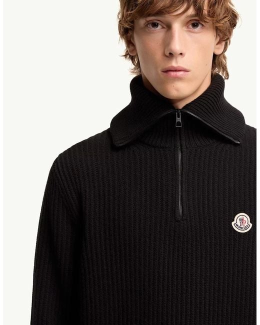 Moncler Black Heavy Knit 1/4 Zip Sweater for men