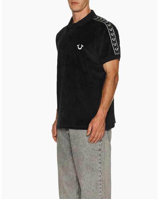 True Religion Black Polo Shirt Relaxed Fit Ss Damask Velour Pique Polo Shirts for men