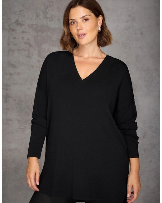 Live Unlimited London Black Ribbed Detail V Neck Knit Tunic