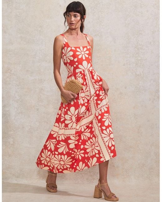 Ro&zo Red Petite Raya Floral-Print Square-Neck Cotton Dress