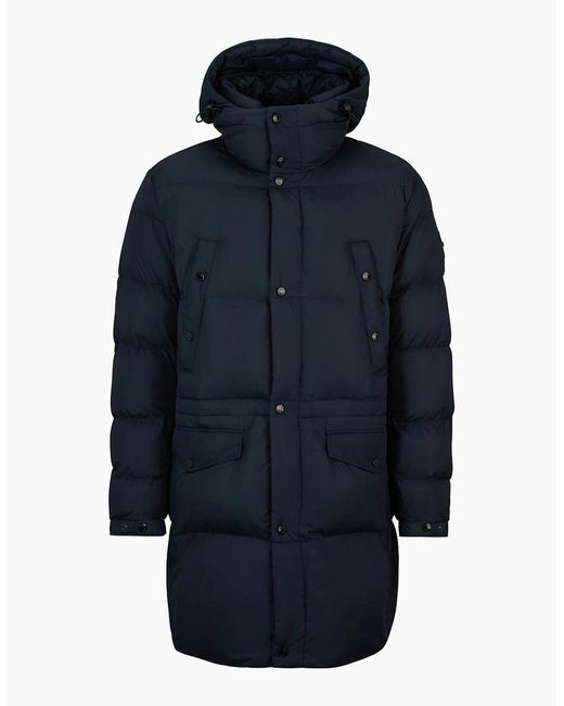 Boss Blue Solid Patterned Hooded Puffer Coat for men