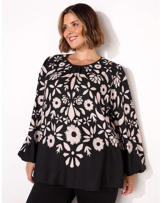 Live Unlimited London Black Graphic Floral Placement Blouse