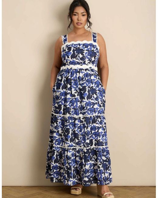 Live Unlimited London Blue Cotton Floral Print Tiered Maxi Dress