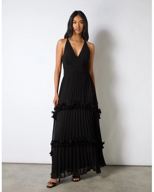 Ro&zo Black Sienna Pleated Frill Maxi Dress