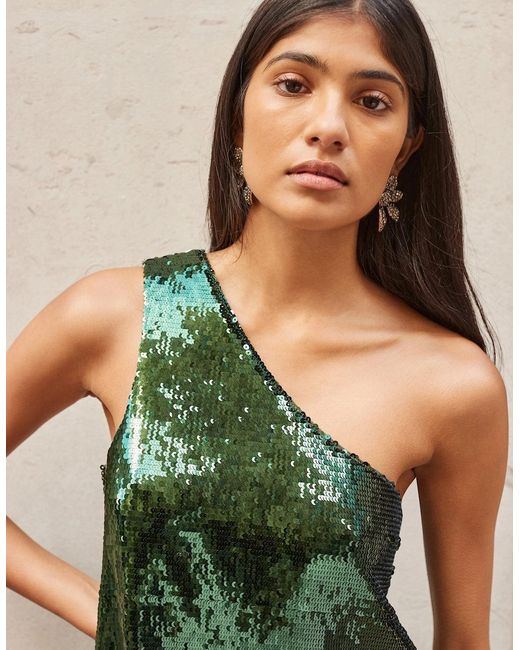 Ro&zo Green One-Shoulder Sequinned Top