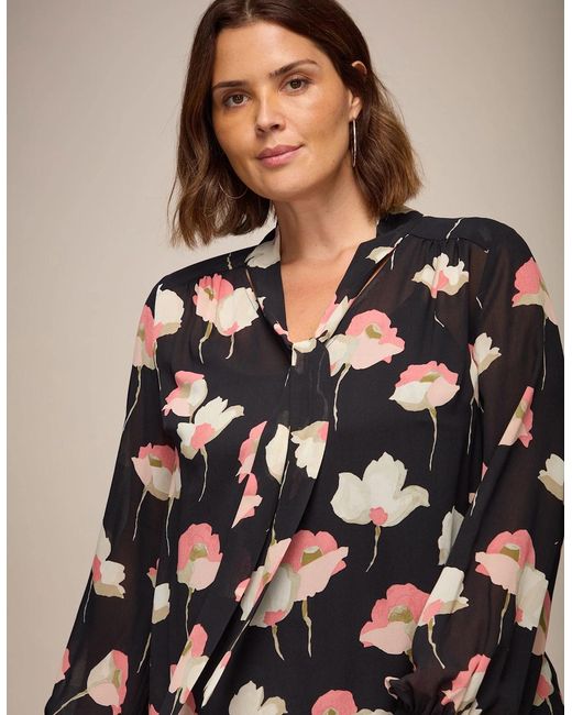 Live Unlimited London Black Floral Print Tie Neck Blouse