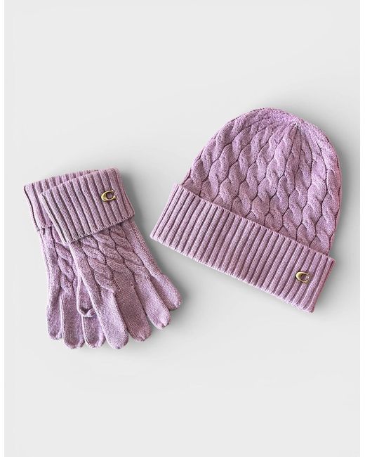 COACH Pink Cable Beanie & Gloves Gift Set Faded
