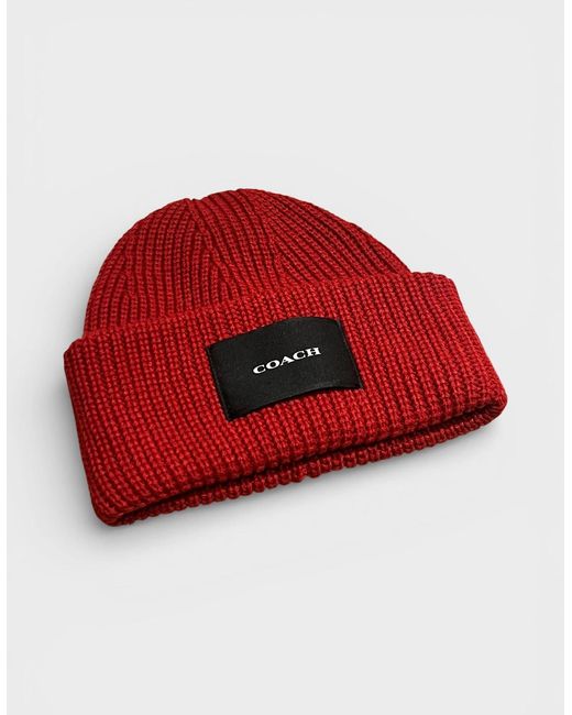 COACH Red Woven Patch Beanie Cherry