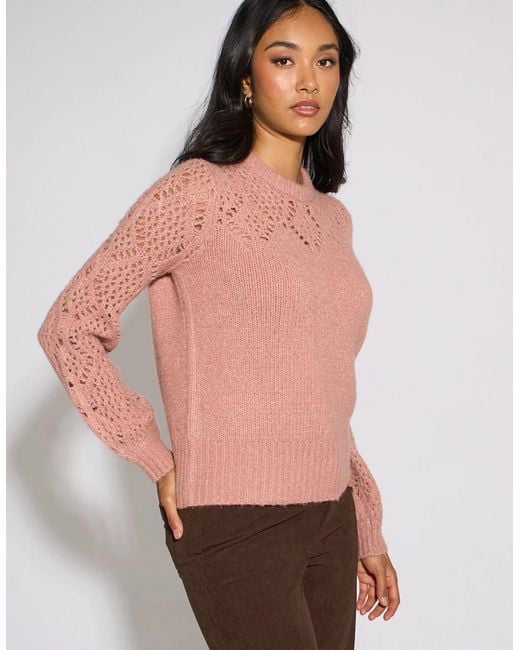 Gini London Pink Crochet Yoke Long Sleeve Jumper