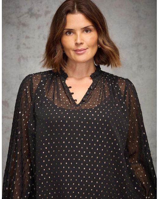 Live Unlimited London Gray Metallic Spot Shirred Cuff Blouse