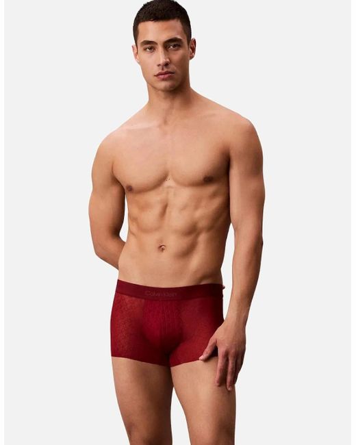 Calvin Klein Red Microfibre Lace Low-Rise Boxer Trunk, Fall Berry for men
