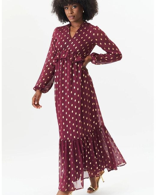Gini London Purple Burgundy Foil Print Ruffle Midi Dress