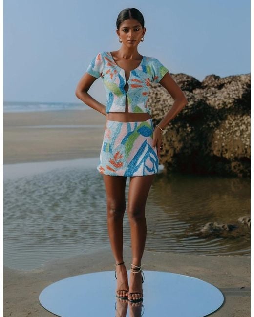 Oceanus Blue Maya Petal Hand Beaded Skirt Only X By Poppy