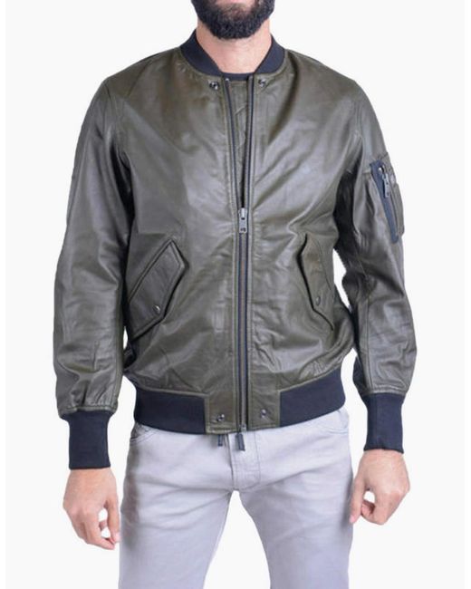DIESEL Gray L Parker Leather Jacket Casual Quilted Winter Bomber Jacket for men