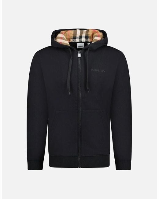 Burberry Blue 'Hove' Check Hood Embroidery Logo Hoodie Zip Sweatshirt for men