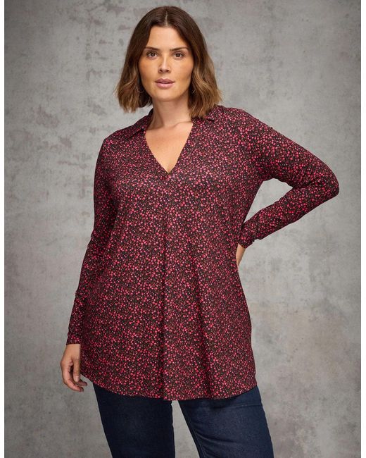 Live Unlimited London Red Ditsy Floral Print Jersey Polo Collar Tunic