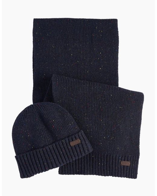 Barbour Blue Carlton Fleck Beanie & Scarf Set
