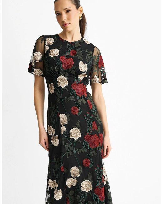 Gini London Black Angel Sleeves Embroidered Occasion Midi Dress