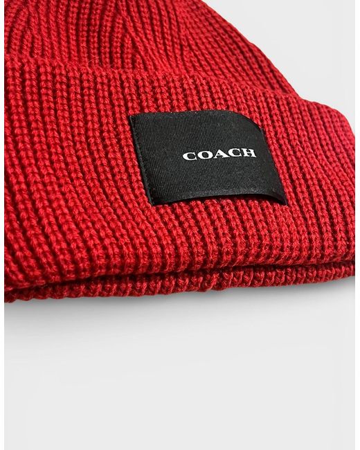 COACH Red Woven Patch Beanie Cherry