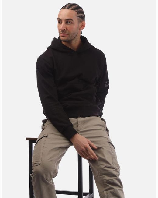 C P Company Black Diagonal Raised Fleece Lens Hoodie for men