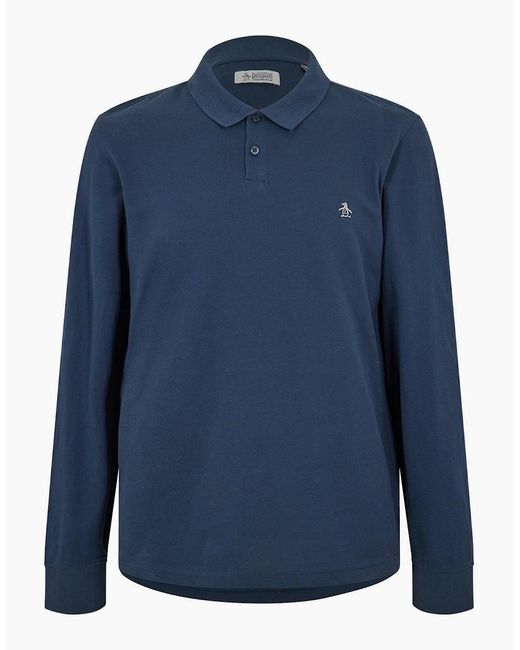 Original Penguin Blue Cotton Long Sleeve Polo Shirt for men