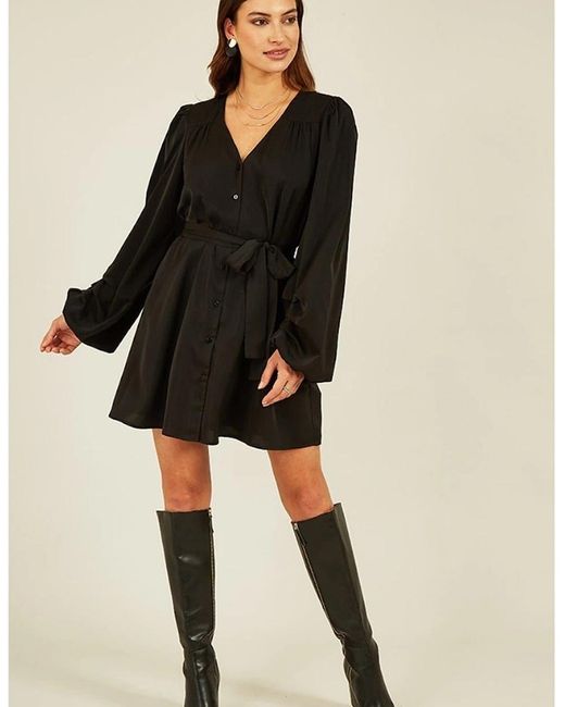 Mela London Black Balloon Sleeve V-Neck Mini Shirtdress