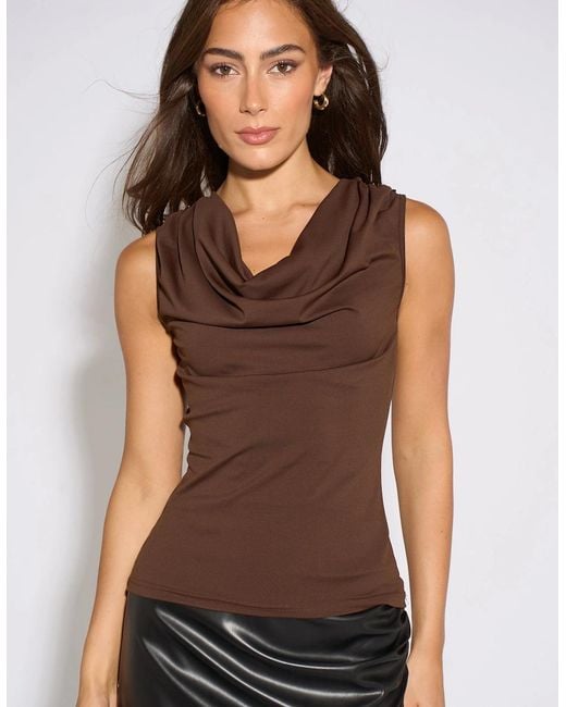 Gini London Brown Button Shoulder Cowl Neck Top