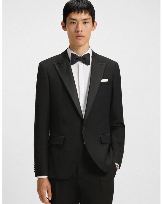 Boss Black Solid Patterned Lapel Collared Suit Jacket With Chest Pocket for men